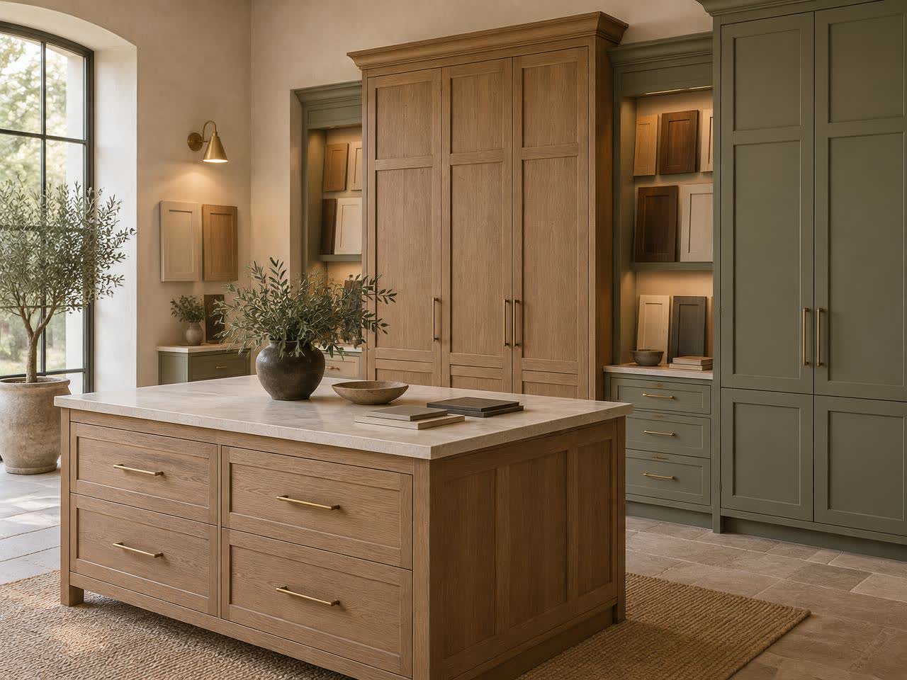 Illustrative concept image of a cabinetry showroom used in a sample ad layout