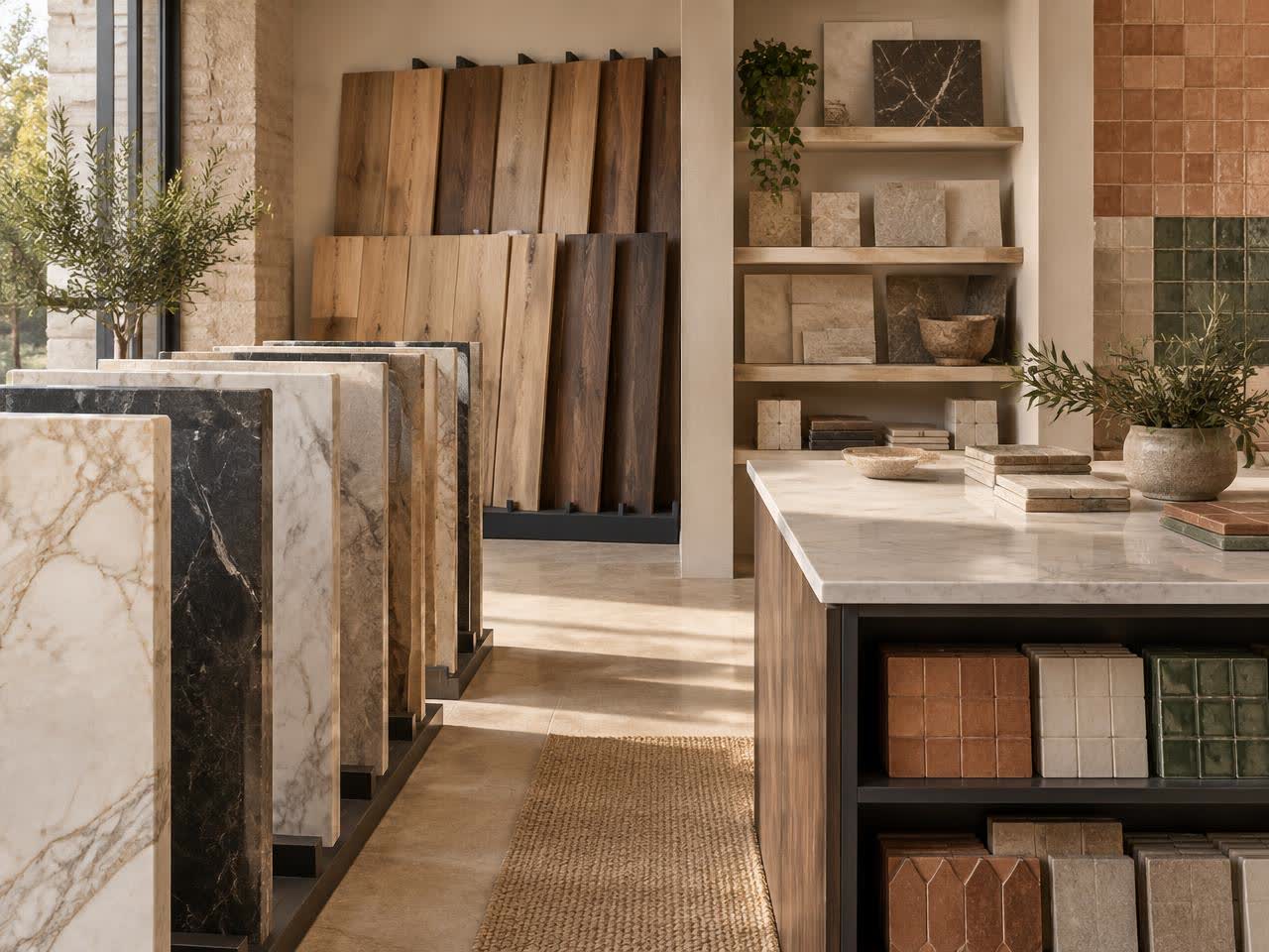 Illustrative concept of a materials showroom used alongside a sample content plan