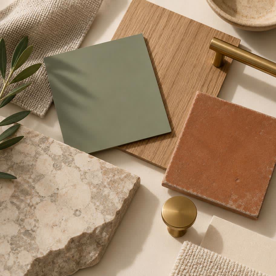 Illustrative concept of interior material samples arranged on a table