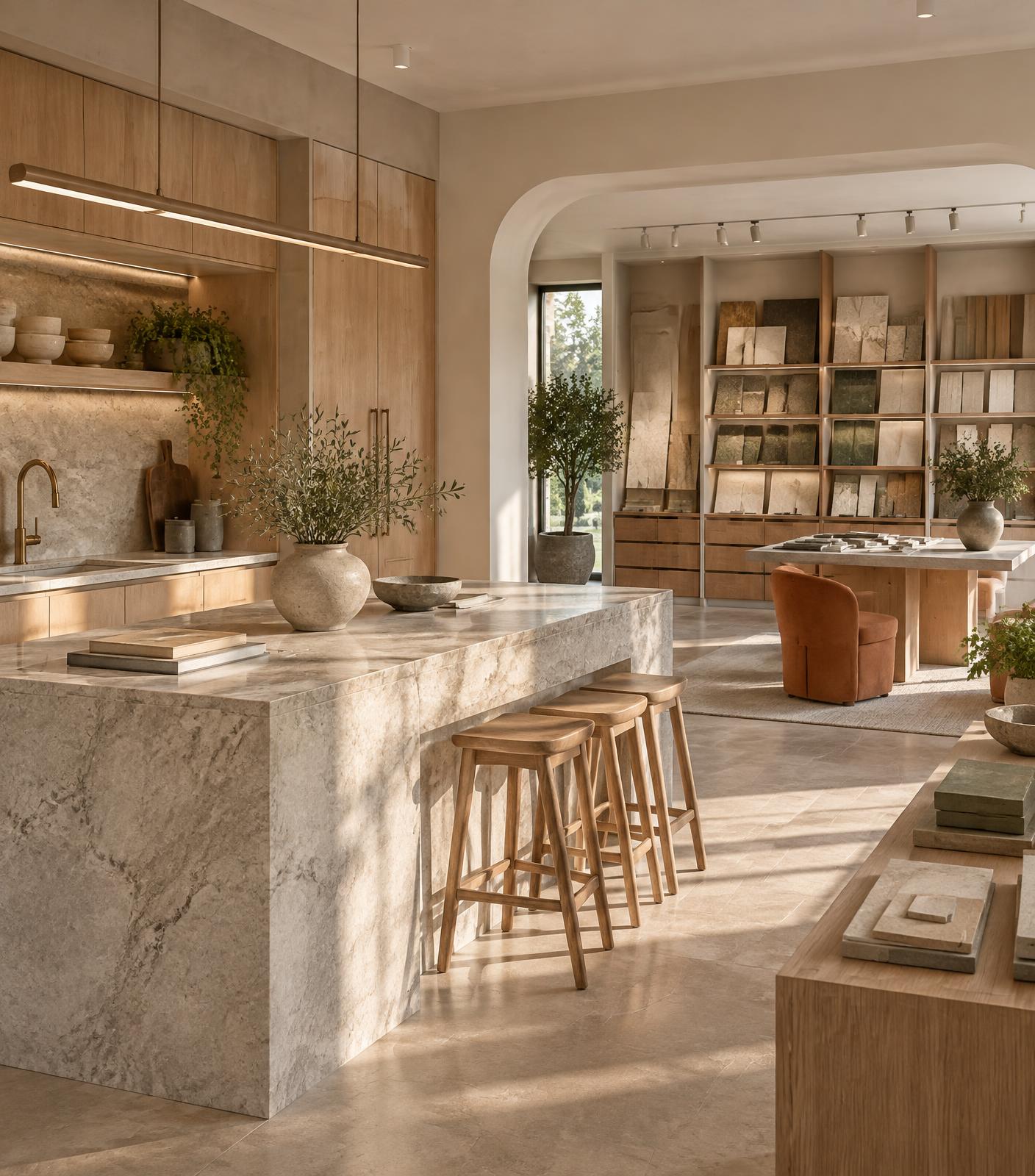 Illustrative concept of a warm kitchen and materials showroom